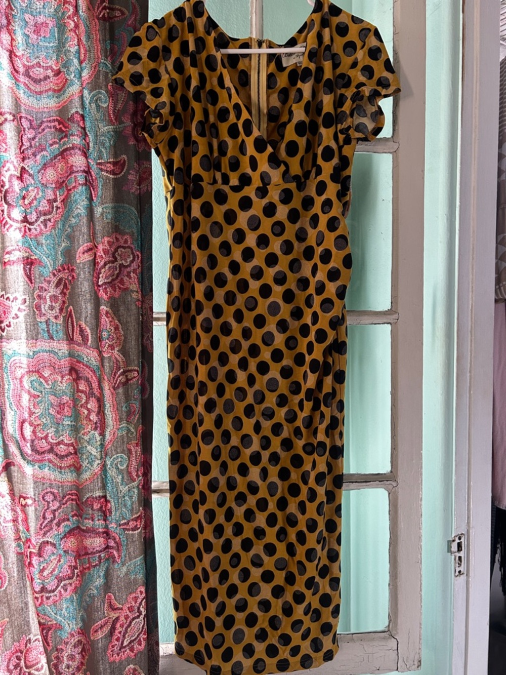 Bettie Page Mustard Midi Dress with Black Polka Dots